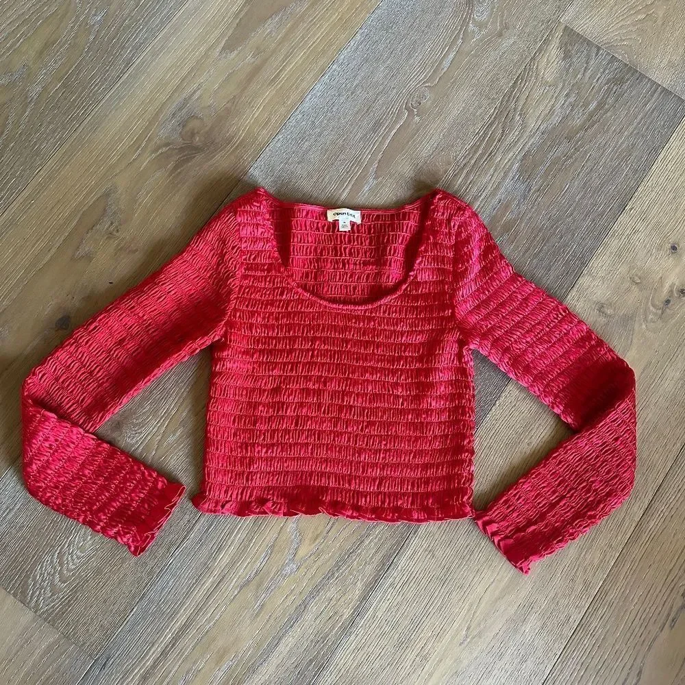 OPEN EDIT Smocked Scoop Neck Crop Top Red Goji Size M NEW
